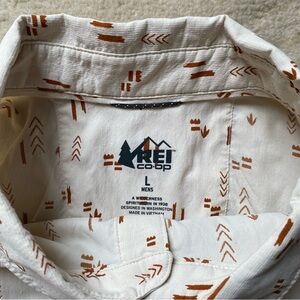 REI Co-op Shirt Mens Large White Brown Short Sleeve Button Up Nylon Stretch